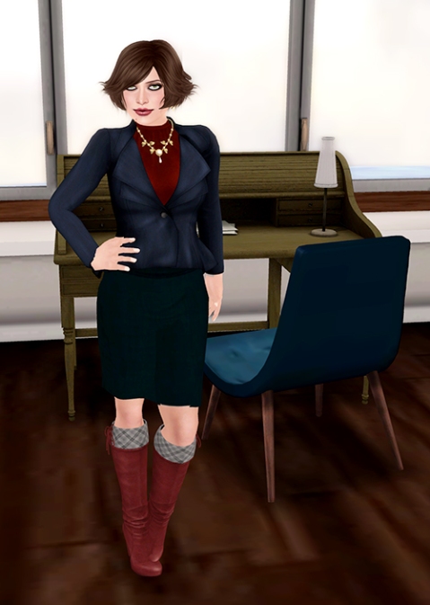 Navy jacket and pencil skirt with red blouse and boots.